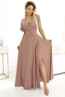 581-4 JENNIFER shiny long dress with sleeves and neckline - mocha mousse with glitter
