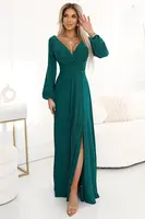 572-4 NELA shiny long dress with neckline, long sleeves and leg slit - green