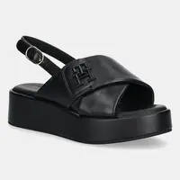Kožené sandály Tommy Hilfiger TH LOGO HW PADDED LEATHER SANDAL dámské, černá barva, na platformě, FW0FW08808