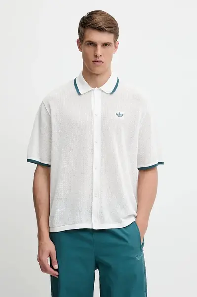 Bavlněná košile adidas Originals Knitted Shirt pánská, bílá barva, relaxed, s klasickým límcem, KC3526