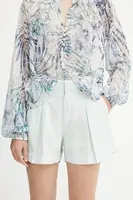 Šortky s příměsí lnu Guess SHAYE dámské, tyrkysová barva, high waist, W5GD1J WG8N0