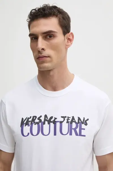 Bavlněné tričko Versace Jeans Couture bílá barva, s potiskem, 78GAHE06 CJ00E
