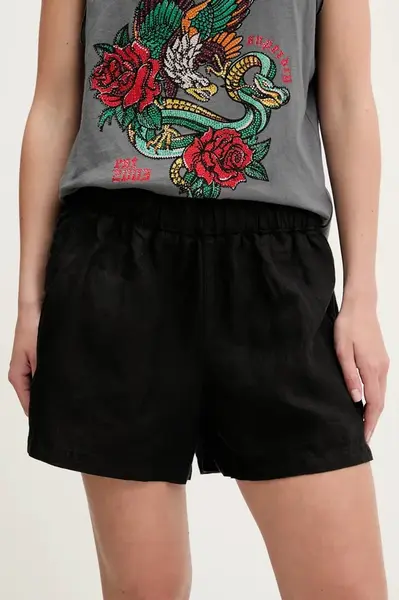 Lněné kraťasy Superdry dámské, černá barva, high waist, W7110450A-02A