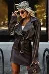 626-4 Soft eco-leather biker jacket with a belt and asymmetrical zipper - brown