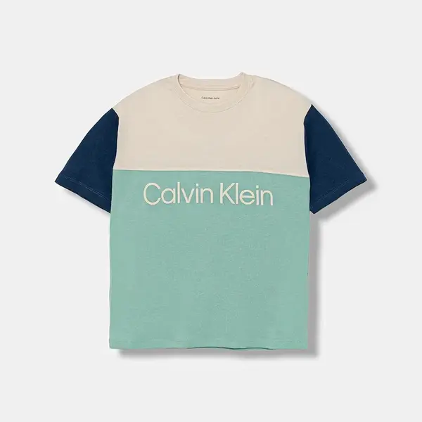 Dětské bavlněné tričko Calvin Klein Jeans tyrkysová barva, s potiskem, IB0IB02528