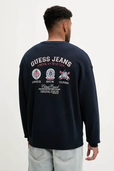 Bavlněná mikina Guess Jeans pánská, tmavomodrá barva, s potiskem, M5YQ13 KCPR1