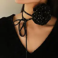 Polka Dot Pattern Fabric Rose Tie Choker Necklaces for Women