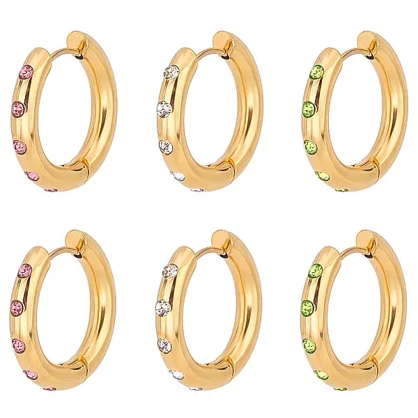 3Pairs 3 Colors Real 18K Gold Plated 304 Stainless Steel Huggie Hoop Earrings with Cubic Zirconia