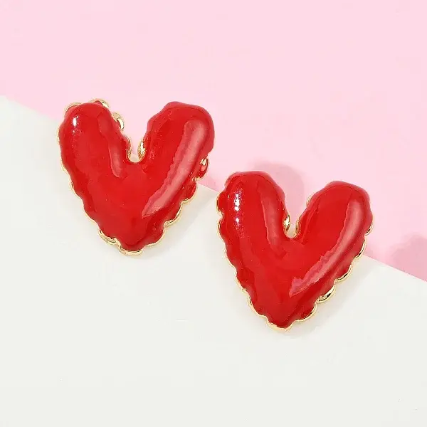 Brass Enamel Heart Stud Earrings