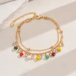 Fashionable Vintage Beach Style Brass Cubic Zirconia Double Layer Tassel Ball Adjustable Ladies Anklets
