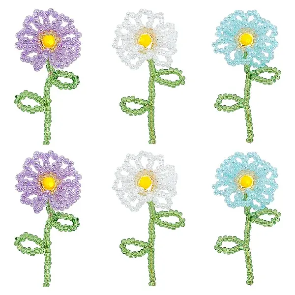 6Pcs 3 Colors Handmade Glass & Seed Beaded Pendants