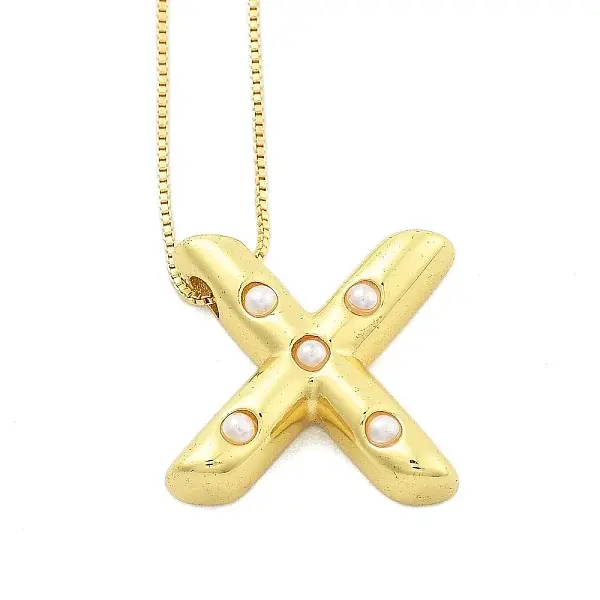 Brass & Plastic Pearl Letter Pendant Box Chain Necklaces for Women