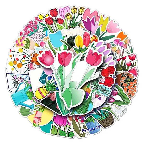50Pcs Tulip Pattern Waterproof PVC Plastic Scrapbook Stickers