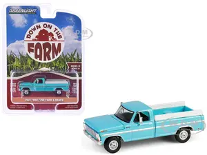 1969 Ford F-250 Farm &amp; Ranch Special Pickup Truck Reef Aqua Blue "Down on the Farm" Series 10 1/64 Diecast Model by Greenlight