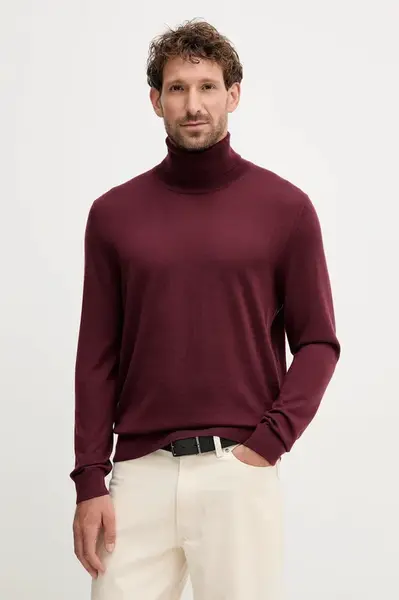 Kašmírový svetr BOSS BECKHAM X BOSS pánský, vínová barva, s golfem, 50557974