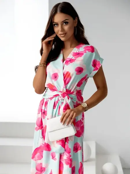 Resti Women's midi dress with short sleeves, wrap neckline in spring flowers