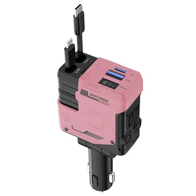 A1 66W 4 in 1 Car Phone Charger with Retractable Cable 180Â° Free Adjustment USB/Type-C Dual Interface & PD Fast Charge - Pink