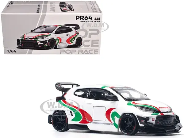 Toyota Pandem GR Yaris RHD (Right Hand Drive) "Rally Livery" White with Red and Green Graphics 1/64 Diecast Model Car by Pop Race
