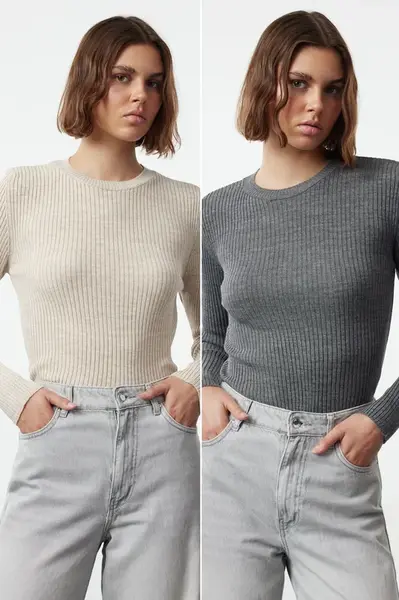 Trendyol Anthracite-Beige Double Pack Knitwear Sweater