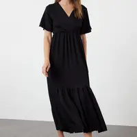 Trendyol Black Plain Maxi Double Breasted Skirt Ruffle Textured Short Sleeve Flexible Knitted Maxi Dress Knit Dress