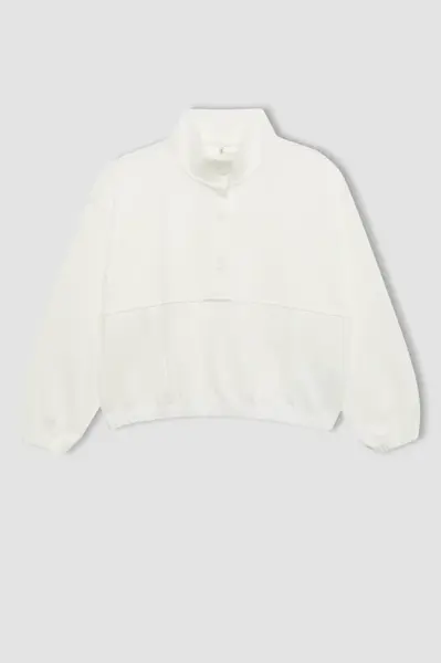 DEFACTO Girl Oversize Wide Pattern Polo Collar Buttoned Sweatshirt