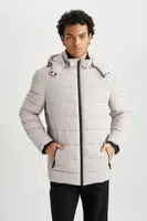 DEFACTO Windproof Puffer Jacket Slim Fit Hooded Faux Fur Lined Zipper