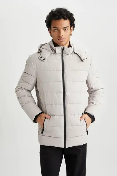 DEFACTO Windproof Puffer Jacket Slim Fit Hooded Faux Fur Lined Zipper