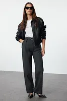Trendyol Anthracite Belted Straight/Straight Cut Woven Fabric Trousers