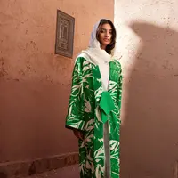 Trendyol zelené tropické vzorované dlouhé tkané kimono a kaftan
