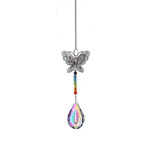 Glass Teardrop Sun Catcher Hanging Prism Ornaments with Iron Butterfly