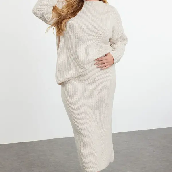 Trendyol Curve Beige Crew Neck Ribbed Knitwear Sweater & Skirt Bottom-Top Set