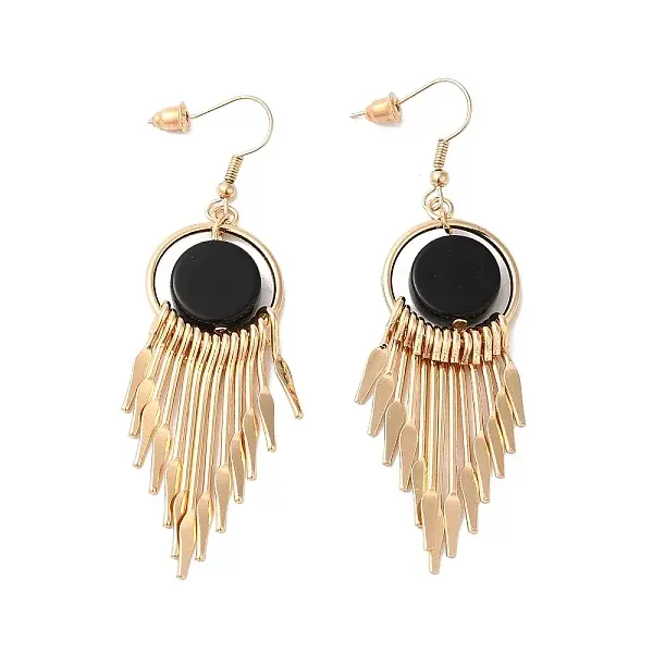 Resin Flat Round with Tassel Dangle Earrings