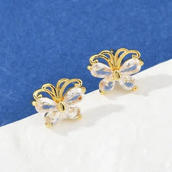 Butterfly Brass Micro Pave Clear Cubic Zirconia Stud Earrings