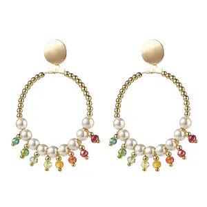 Round Shell Pearl Beads & Glass Beads Big Ring Dangle Stud Earrings