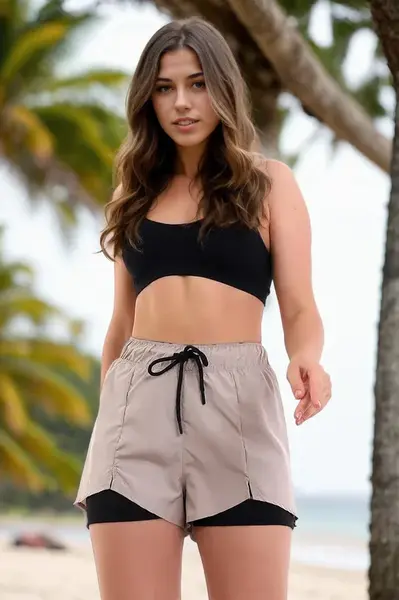 85389 Dewberry Womens Swim Shorts with Inner Tights-STONE