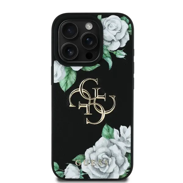 Zadní kryt Guess PU Grained Roses 4G Metal Logo pro Apple iPhone 16 Pro, černá