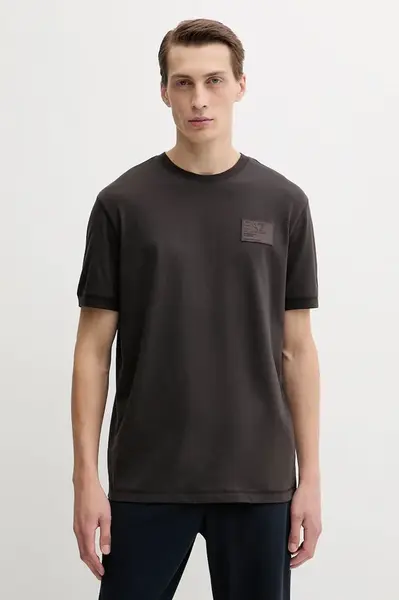 Bavlněné tričko EA7 Emporio Armani pánské, hnědá barva, s aplikací, AF13741.7X000127