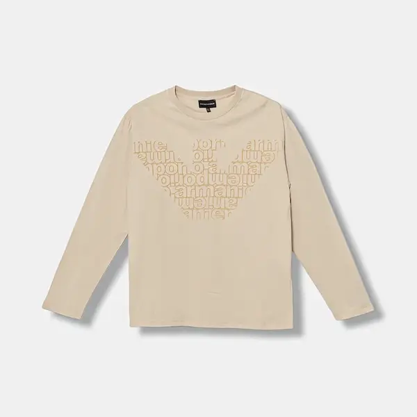Dětské bavlněné tričko s dlouhým rukávem Emporio Armani béžová barva, s potiskem, EB000725 AF16162