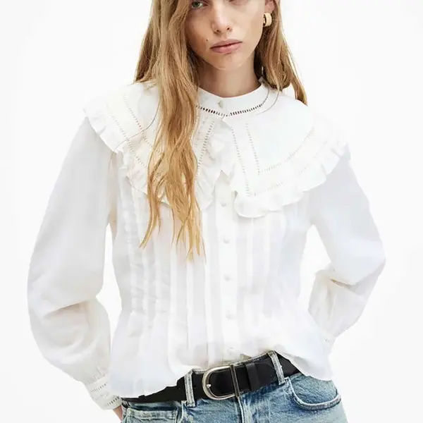 Košile AllSaints OLEA TOP dámská, bílá barva, slim, s klasickým límcem, WM506Z