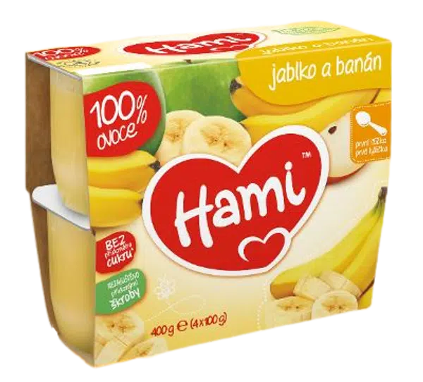 HAMI ovocný příkrm 100% ovoce jablko a banán 4 x 100 g