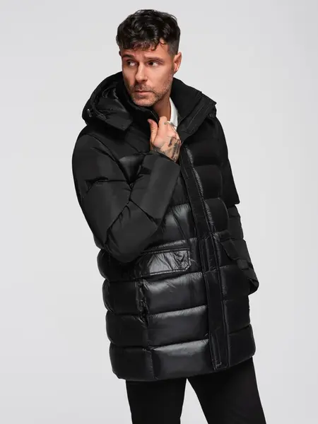 Ombre Men's quilted jacket with high collar and hood - black
