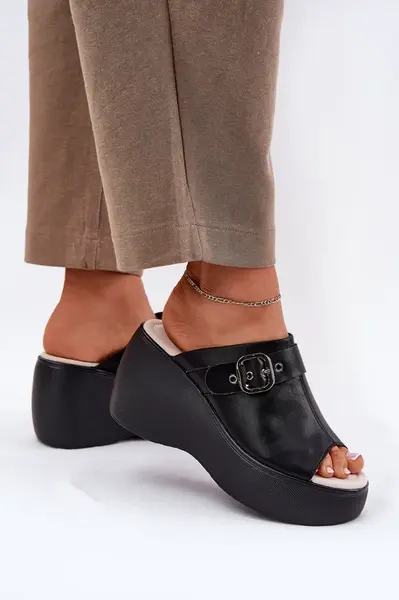 S. BARSKI Kožené Dámské Sandály Na Platformě A Klínu S Přezkou Černé S.Barski