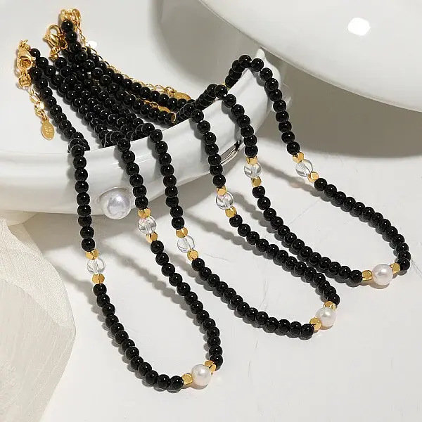 Elegant Round Natural Black Onyx(Dyed & Heated) & Glass & Freshwater Pearl Beaded Necklaces