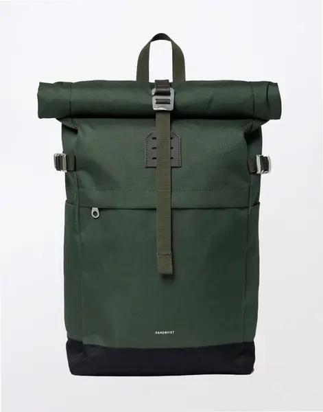 Sandqvist Icon Rolltop Backpack M Green with dark brown leather