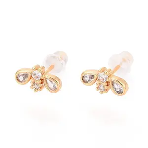 Bees Brass Micro Pave Clear Cubic Zirconia Stud Earrings