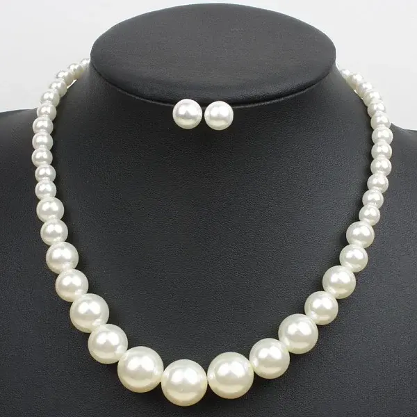 Alloy with ABS Plastic Pearl Round Beaded Necklaces & Stud Earrings Sets for Women