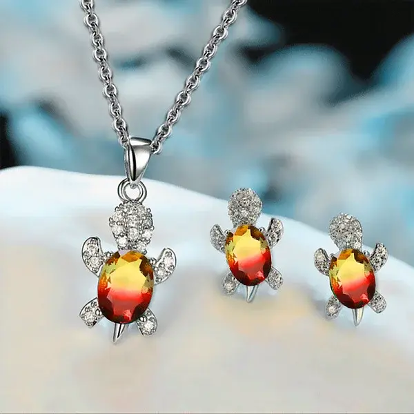 Tortoise Alloy Rhinestone & Glass Pendant Necklaces & Stud Earrings Sets