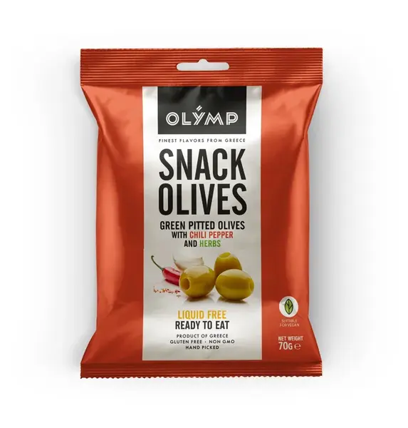 Olymp Zelené olivy bez pecky s chilli papričkou a bylinkami 70 g