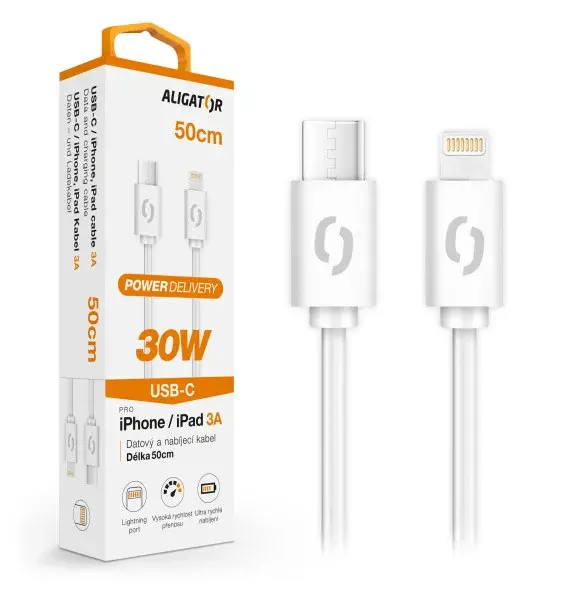 Datový kabel Aligator Power 30W, USB-C/Lightning 3A, 0,5m bílá