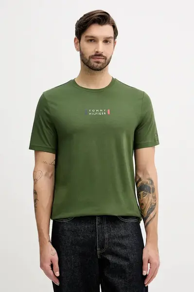 Bavlněné tričko Tommy Hilfiger pánské, zelená barva, s potiskem, MW0MW41453